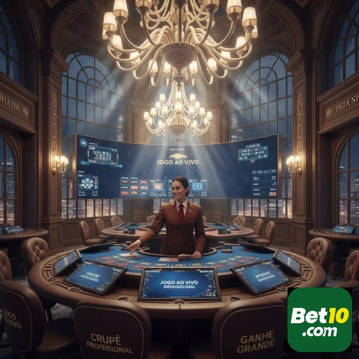 Funcionária do bet10 em um cassino ao vivo com mesas de jogos.