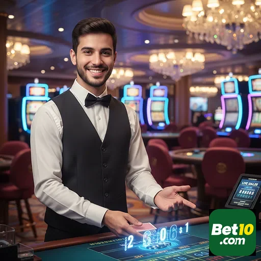 Dealer sorridente apresentando jogos de slot no bet10.