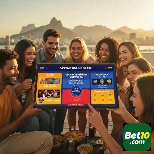 Grupo de amigos jogando na interface da bet10 ao ar livre.