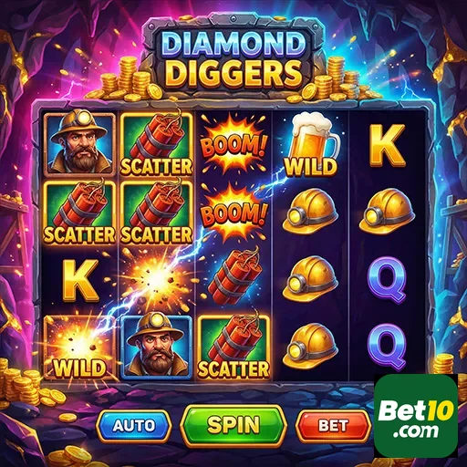 Jogo Diamond Diggers da bet10 com símbolos e recursos visuais