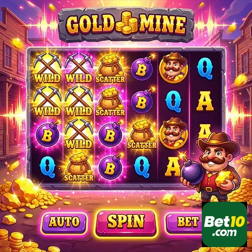 Slots Gold Mine no bet10 com símbolos de ganhos e bônus.