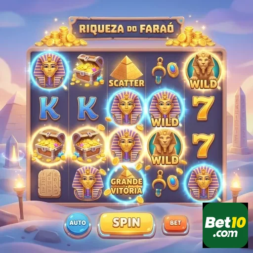 Interface da slot Riqueza do Faraó na bet10 para jogadores VIP.