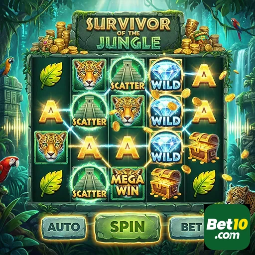 Slot game 'Survivor of the Jungle' no bet10 com ganhos em destaque.
