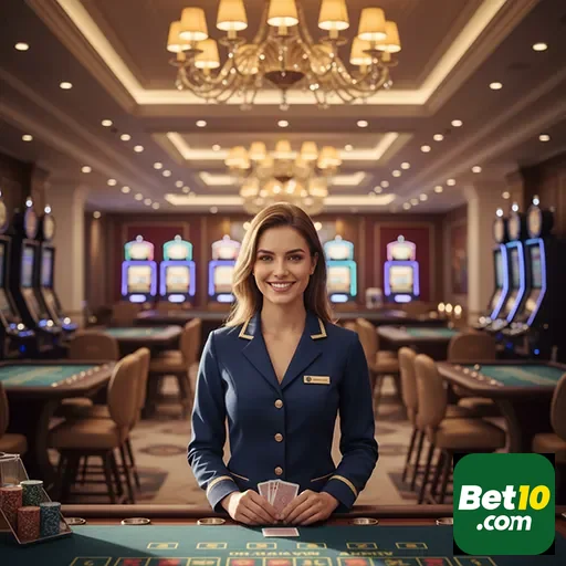 Atendente no cassino bet10 com mesas e máquinas de slots ao fundo.