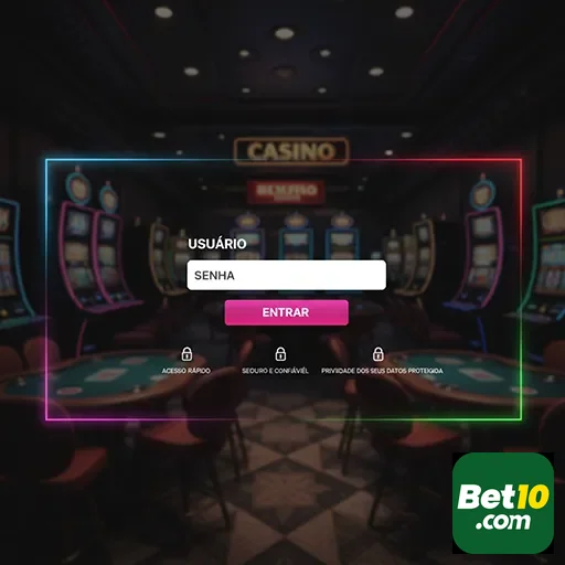 Tela de login do cassino online Bet10 com slot machines ao fundo.